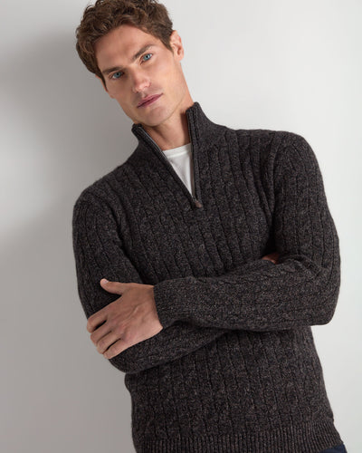 N.Peal Men's Albemarle Cable Half Zip Cashmere Jumper Bark Brown Melange
