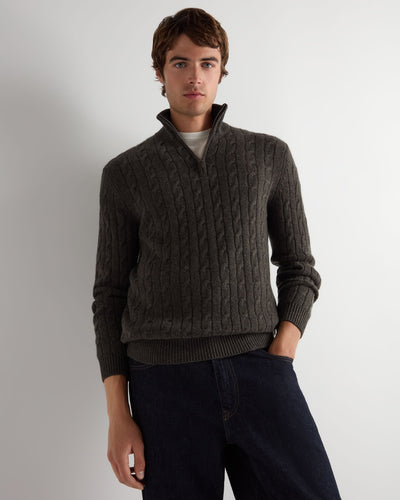 N.Peal Men's Albemarle Cable Half Zip Cashmere Jumper Grey Moss