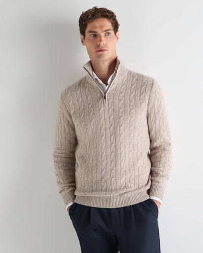 N.Peal Men's Albemarle Cable Half Zip Cashmere Jumper Toasted Sesame Brown