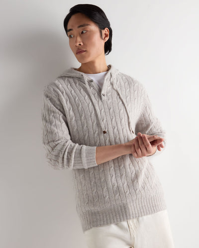 N.Peal Men's Fitzrovia Cable Cashmere Hoodie Pebble Grey