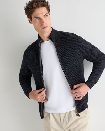 N.Peal Men's Lambeth Rib Full Zip Cashmere Cardigan Ink Blue Melange