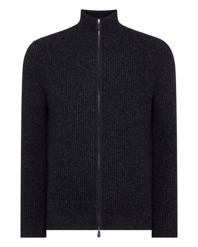 N.Peal Men's Lambeth Rib Full Zip Cashmere Cardigan Ink Blue Melange