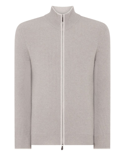 N.Peal Men's Lambeth Rib Full Zip Cashmere Cardigan Oat Grey