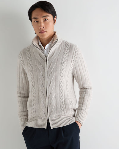 N.Peal Men's Colorado Cable Fur Trim Cashmere Jacket Pebble Grey