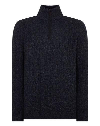 N.Peal Men's Fur Trim Half Zip Cashmere Jumper Ink Blue Melange