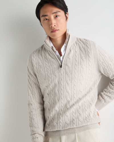 N.Peal Men's Fur Trim Half Zip Cashmere Jumper Pebble Grey
