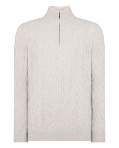 N.Peal Men's Fur Trim Half Zip Cashmere Jumper Pebble Grey