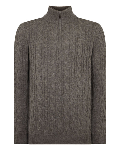 N.Peal Men's Fur Trim Half Zip Cashmere Jumper Wood Smoke Brown