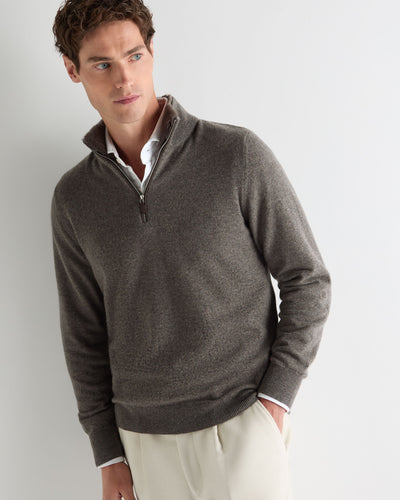 N.Peal Men's Fur Trim Half Zip Cashmere Jumper Wood Smoke Brown