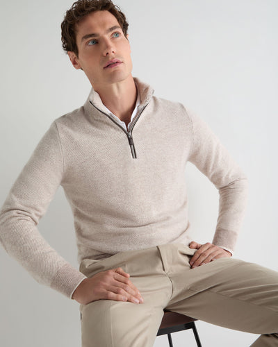 N.Peal Men's Fur Trim Half Zip Cashmere Jumper Sand Brown