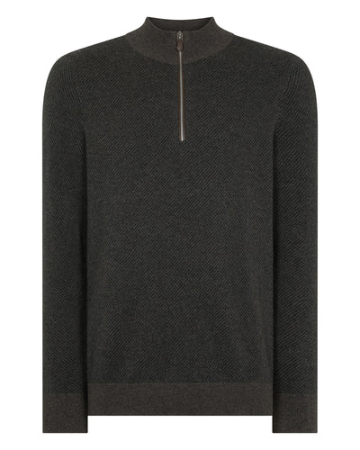 N.Peal Men's Temple Jacquard Half Zip Cashmere Jumper Grey Moss