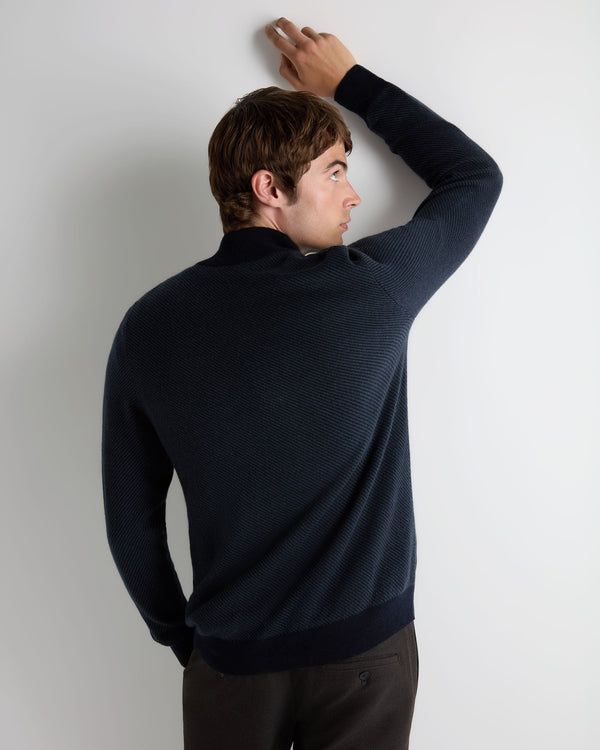 N.Peal Men's Temple Jacquard Half Zip Cashmere Jumper Navy Blue