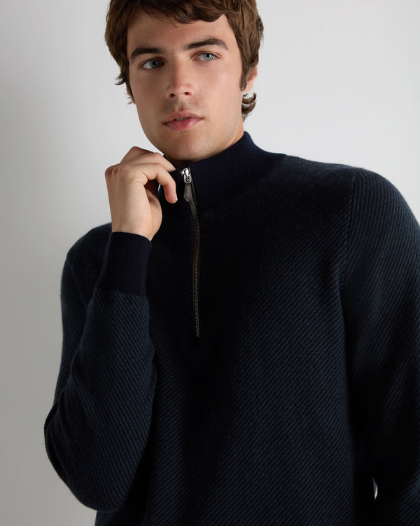 N.Peal Men's Temple Jacquard Half Zip Cashmere Jumper Navy Blue