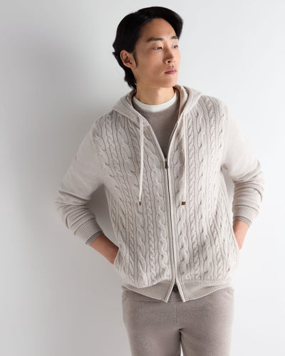 N.Peal Men's Fulham Cable Zip Cashmere Hoodie Arctic Grey Melange