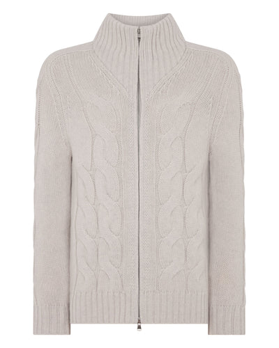 N.Peal Men's Chunky Cable Full Zip Cashmere Jumper Pebble Grey