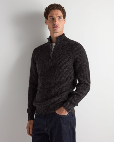 N.Peal Men's Ribbed Half Zip Cashmere Jumper Bark Brown Melange