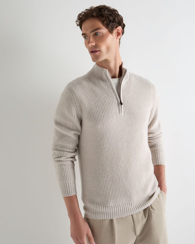 N.Peal Men's Ribbed Half Zip Cashmere Jumper Arctic Grey Melange