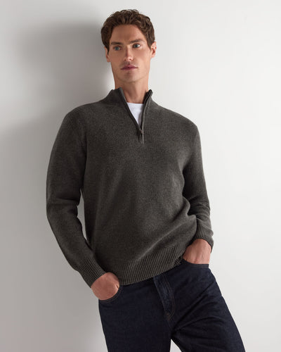 N.Peal Men's Ribbed Half Zip Cashmere Jumper Grey Moss