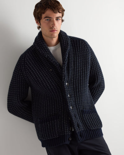 N.Peal Men's Textured Kensington Cashmere Cardigan Navy Blue