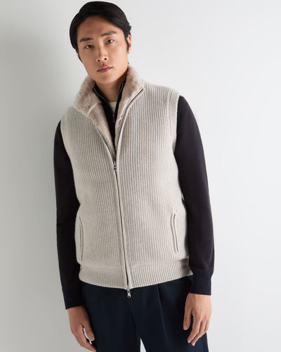 N.Peal Men's Ribbed Fur Lined Cashmere Gilet Pebble Grey