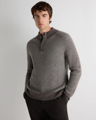 N.Peal Men's Waffle Knit Half Button Cashmere Jumper Biscotti Brown