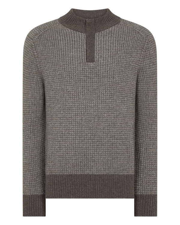 N.Peal Men's Waffle Knit Half Button Cashmere Jumper Biscotti Brown