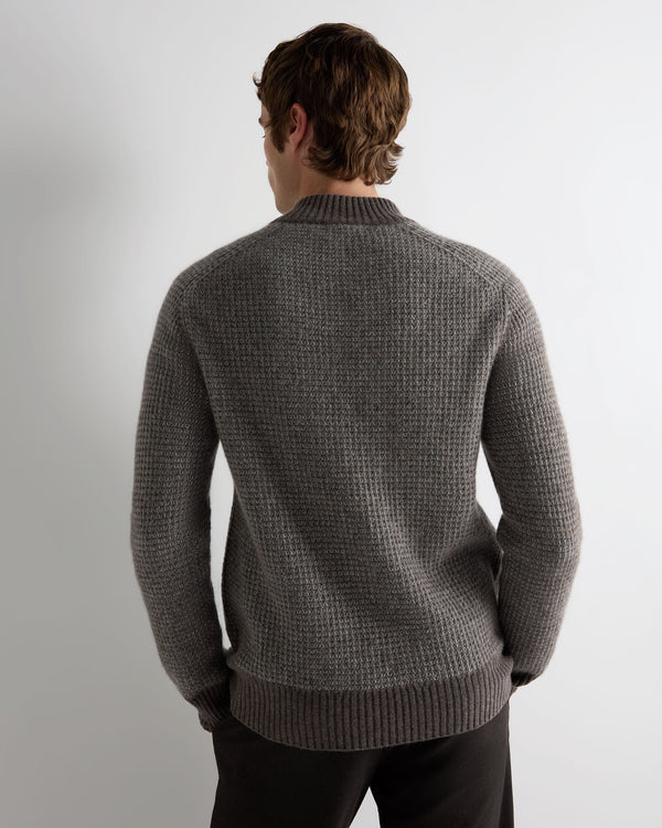 N.Peal Men's Waffle Knit Half Button Cashmere Jumper Biscotti Brown