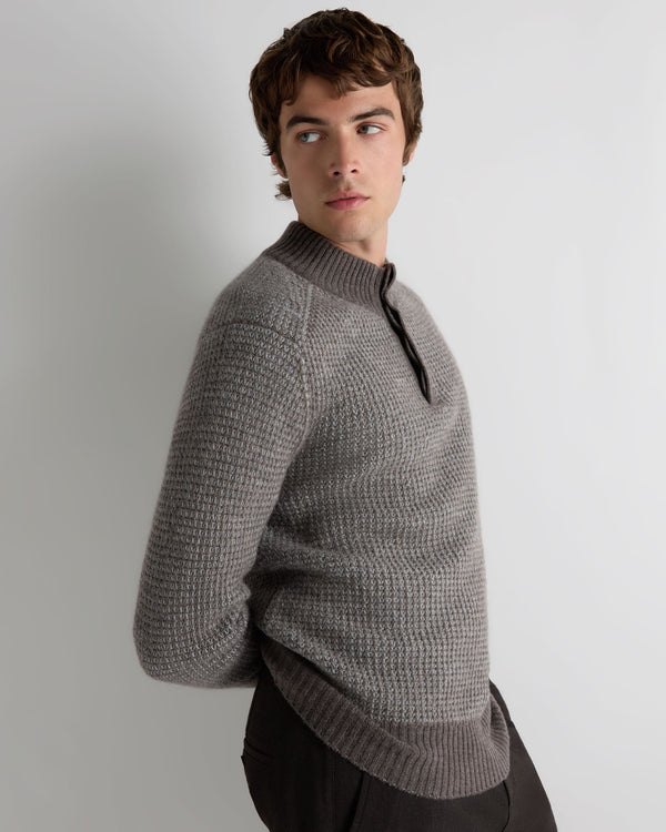 N.Peal Men's Waffle Knit Half Button Cashmere Jumper Biscotti Brown