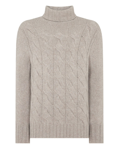 N.Peal Men's Heavyweight Cable Roll Neck Cashmere Jumper Basilica Beige Brown Marl