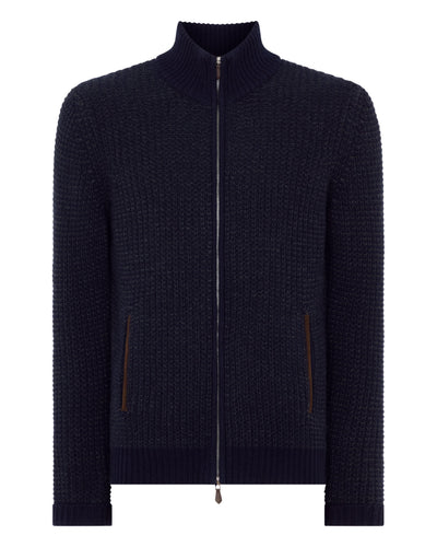 N.Peal Men's Waffle Knit Full Zip Cashmere Jumper Navy Blue