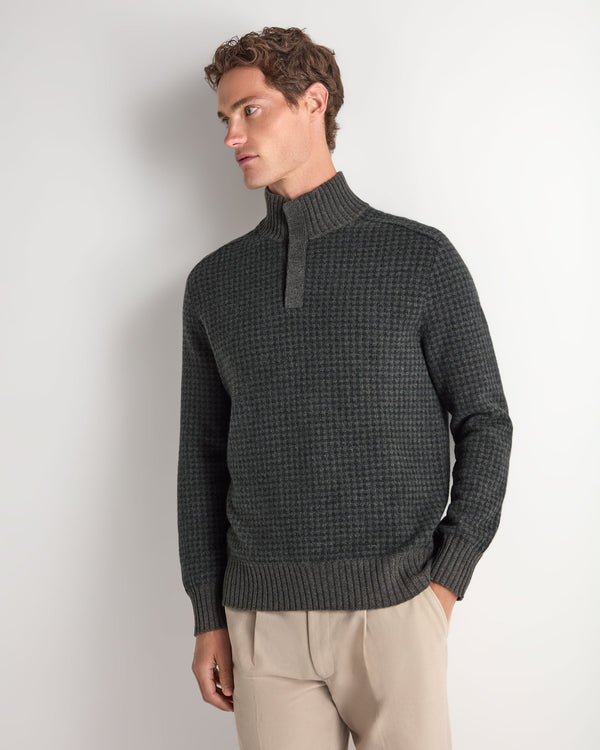 Men's Houndstooth Half Button Cashmere Jumper  1