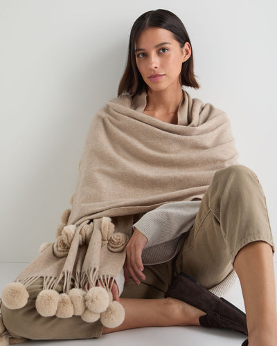 N.Peal Women's Davos Fur Bobble Woven Shawl Oatmeal Brown