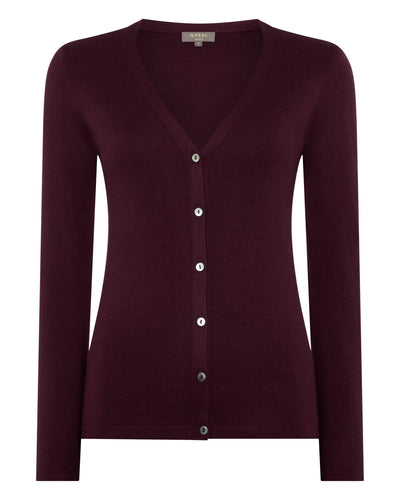 N.Peal Women's Mia Superfine Cashmere V Neck Cardigan Damson Red