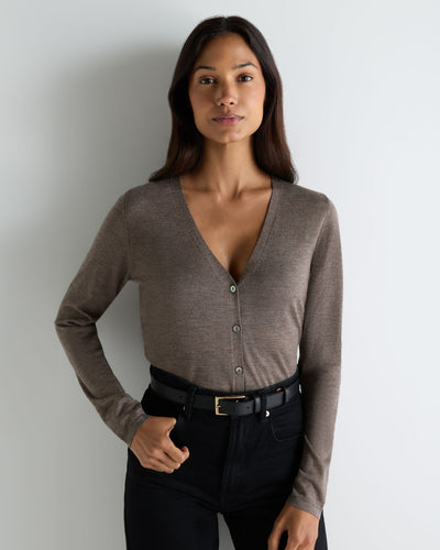 N.Peal Women's Mia Superfine Cashmere V Neck Cardigan Pecan Brown