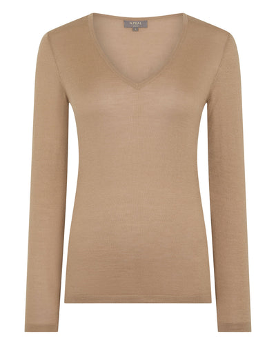 N.Peal Women's Imogen Superfine Cashmere V Neck Jumper Caramel Brown