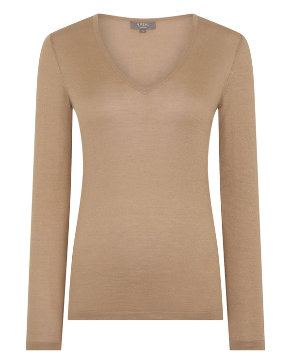 N.Peal Women's Imogen Superfine Cashmere V Neck Jumper Caramel Brown