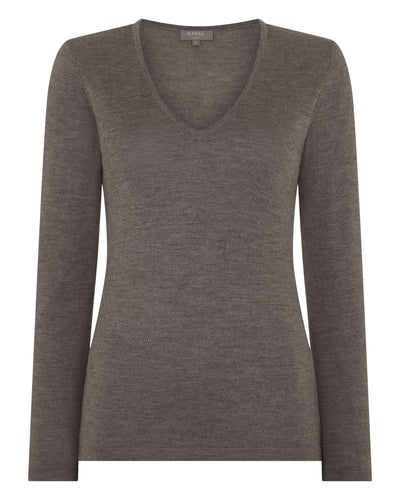 N.Peal Women's Imogen Superfine Cashmere V Neck Jumper Pecan Brown