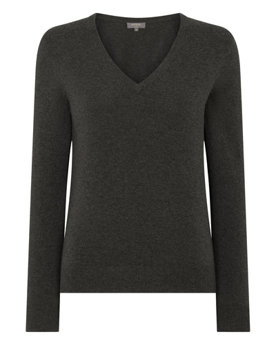 N.Peal Women's Phoebe V Neck Cashmere Jumper Grey Moss