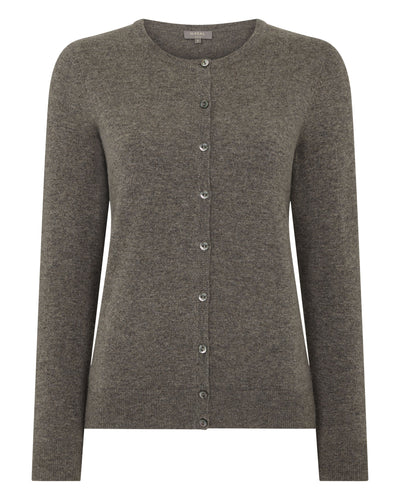 N.Peal Women's Olivia Round Neck Cashmere Cardigan Wood Smoke Brown