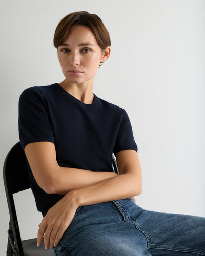 Women's Round Neck Cashmere T Shirt Navy Blue