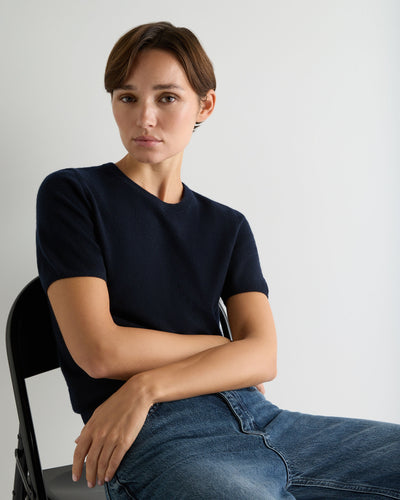 N.Peal Women's Round Neck Cashmere T-Shirt Navy Blue