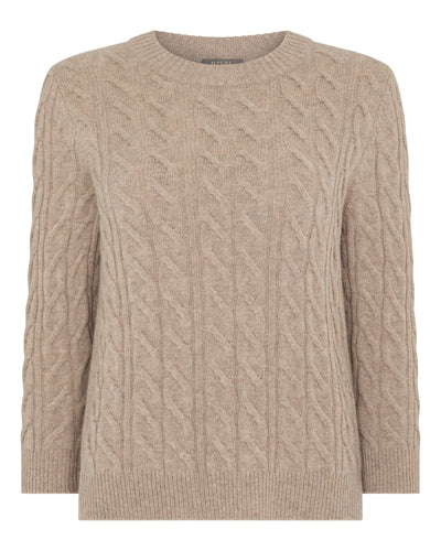 N.Peal Women's Emilia Cable Round Neck Cashmere Jumper Oatmeal Brown