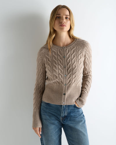 N.Peal Women's Myla Cable Cashmere Cardigan Oatmeal Brown