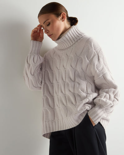 N.Peal Women's Hana Chunky Cable Roll Neck Cashmere Jumper Snow Grey