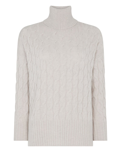 N.Peal Women's Emmie Relaxed Cable Roll Neck Cashmere Jumper Arctic Grey Melange