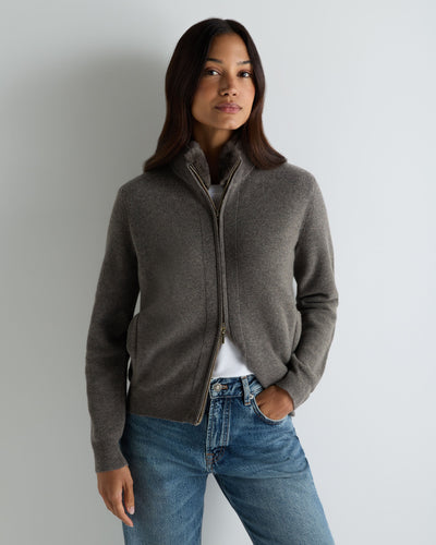N.Peal Women's Honeycomb Full Zip Cashmere Jumper With Fur Trim Wood Smoke Brown