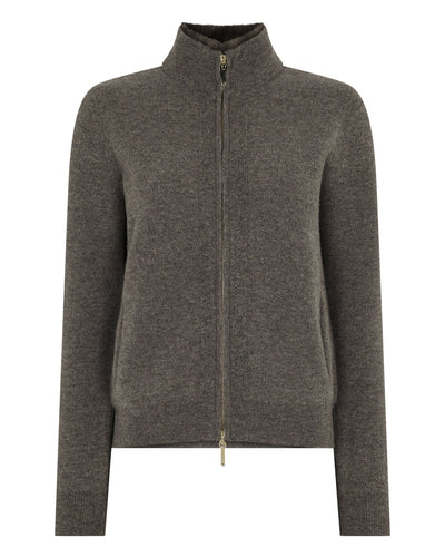 N.Peal Women's Honeycomb Full Zip Cashmere Jumper With Fur Trim Wood Smoke Brown