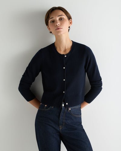 N.Peal Women's Chunky Crop Cashmere Cardigan Navy Blue