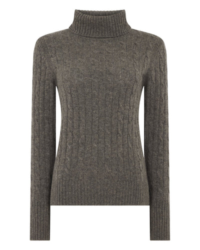N.Peal Women's Adelyn Cable Roll Cashmere Jumper Wood Smoke Brown