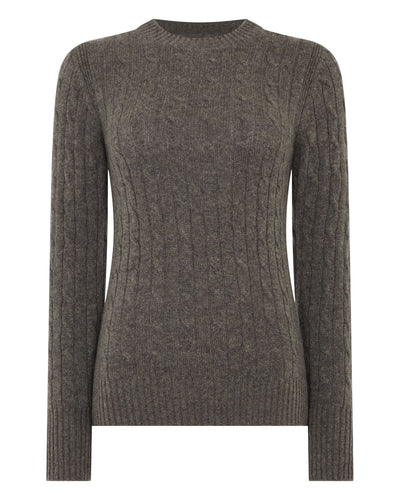 N.Peal Women's Adelyn Cable Round Neck Cashmere Jumper Wood Smoke Brown